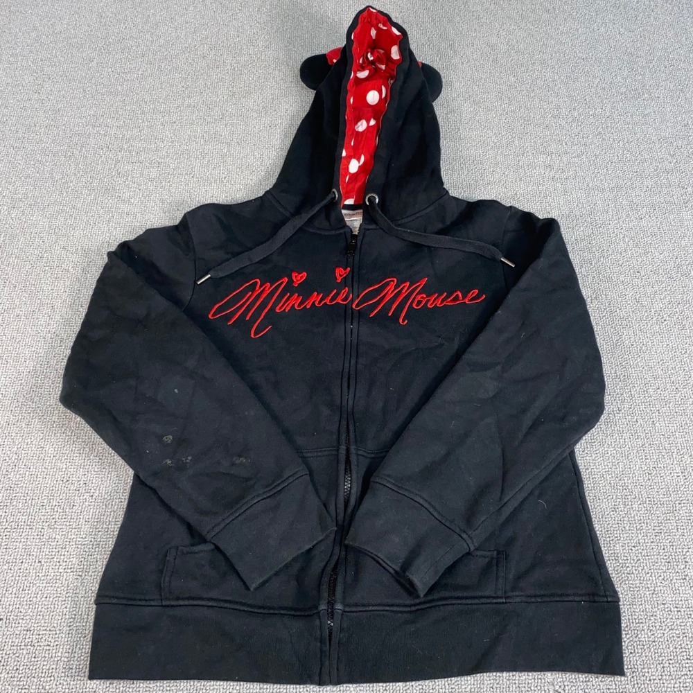 Disney Parks Minnie Mouse Hoodie Womens Large Black Zip Up Ears Bow Polka Dot